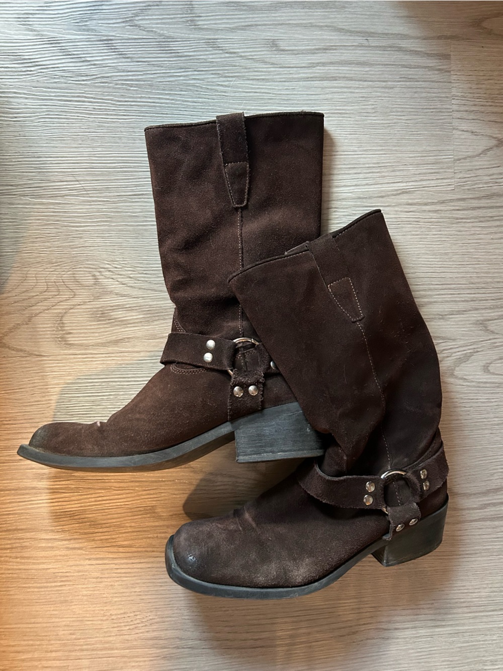 Steve Madden Dark Brown Suede Mid-Calf Harness Heeled Boots